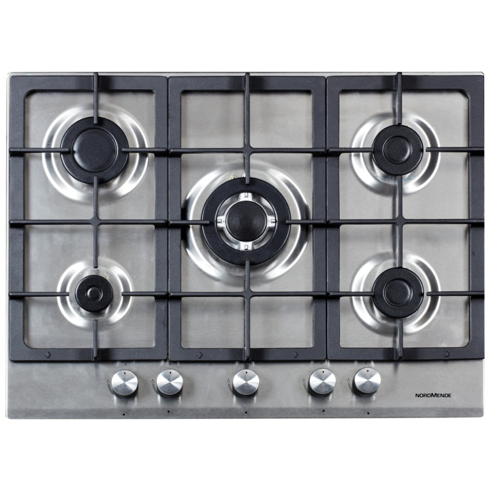 NordMende 70cm 5 x Burner Gas Hob 1 x Wok Burner Cast Iron Pan Supports Stainless Steel