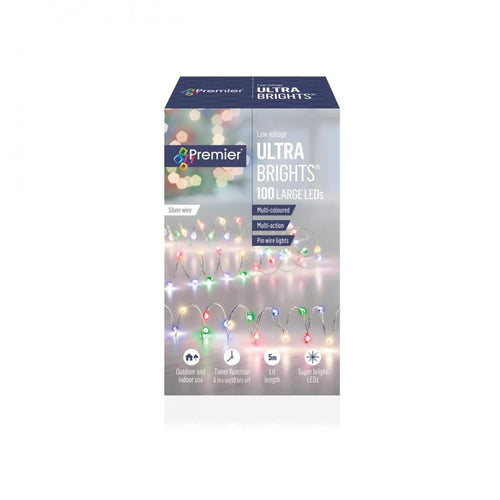 Premier Decorations - 100 LED Multi Action Low Voltage Large Microbrights with Timer - Multi-Coloured