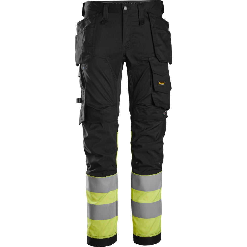 Snickers - High-Vis Class 1, Stretch Trousers Holster Pockets - Black\\High Vis Yellow