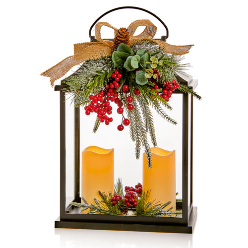 Lit Floral Lantern with 2 LED Candles & Ribbon - 48cm