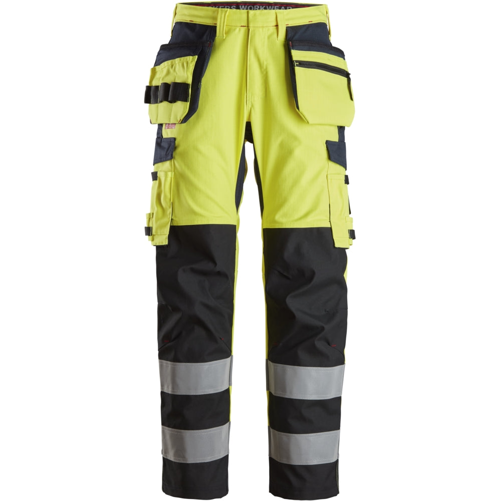 Snickers - ProtecWork, Trousers Reinforced Shin, Holster Pockets High-Vis Class 2 - High Visibility Yellow - Navy
