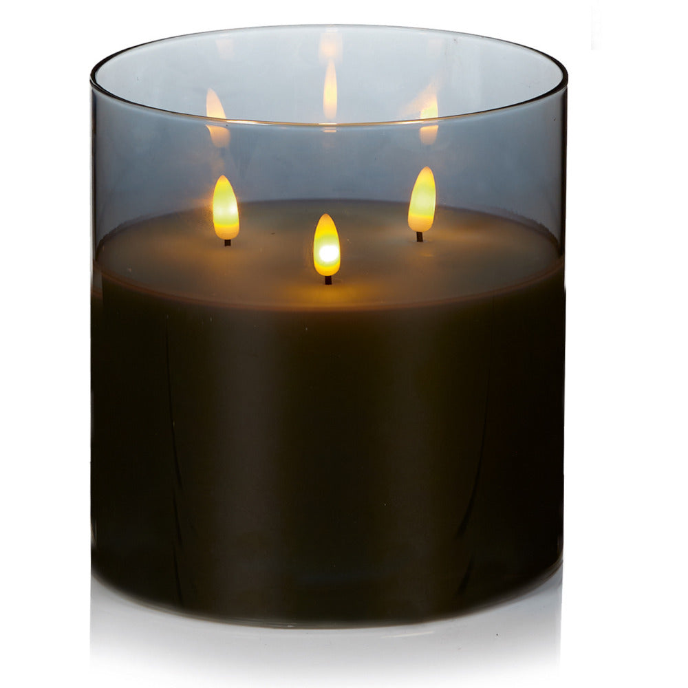 Grey Glass Cup Triple Flickabright Candle - 15cm x 15cm