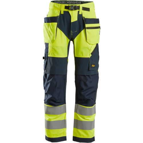 Snickers - FlexiWork, High-Vis Work Trousers+ Holster Pockets Class 2 - High Visibility Yellow - Navy