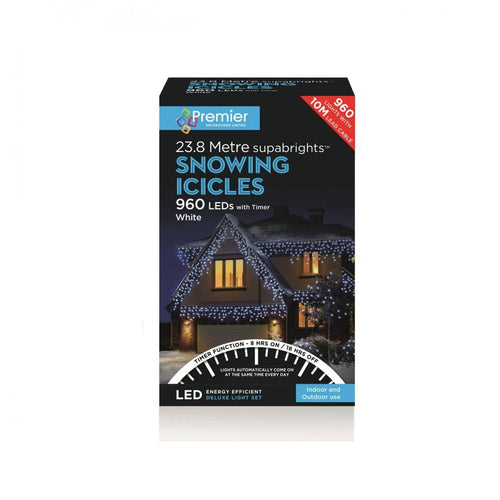 Premier Decorations - 960 LED Supabrights Snowing Icicles with Timer - White