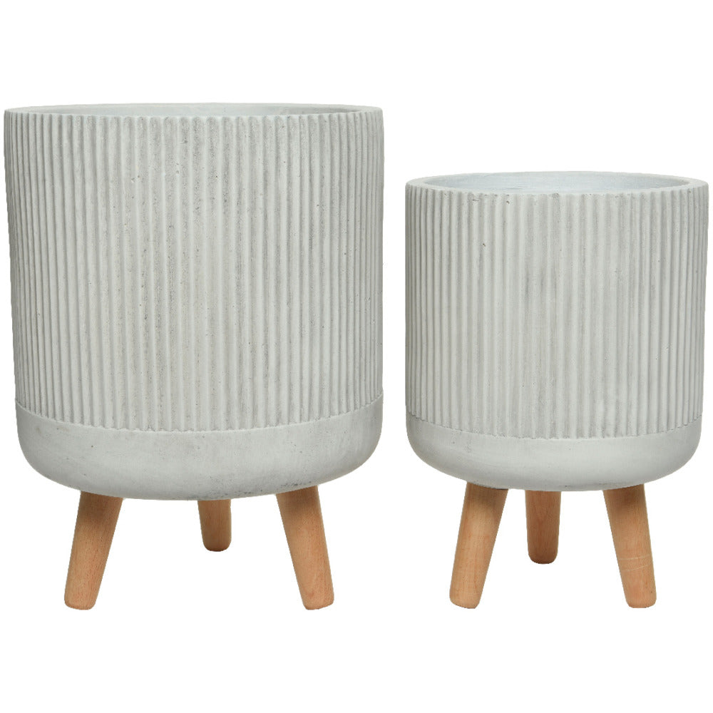 Fibre Clay Planter with Wood Legs - Set of 2